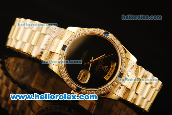 Rolex Day Date II Oyster Perpetual Automatic Full Gold with Black Dial and Diamond Bezel-ETA Coating - Click Image to Close